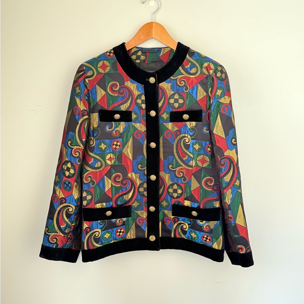 BOGNER Vintage Multicolor Geometric Pattern Jacket Black Velvet Trim Gold Button